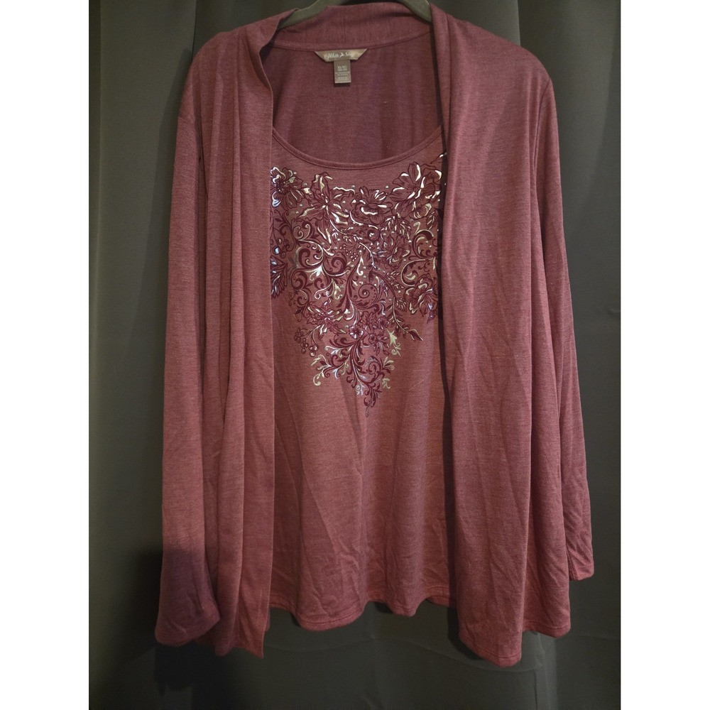 White Stag Women's Pink 2-Piece Look Long Sleeve Cardigan Shirt Combo, Sz XL